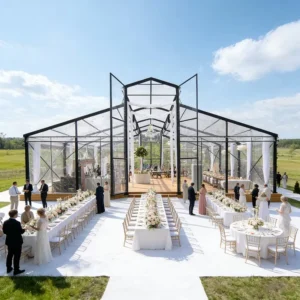 White Frame Transparent Orangery Glass Tent with Atrium for Outdoor Wedding Banquets