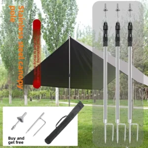 Wind-Resistant Telescopic 3 m Tent Poles with Ground Spike Portable Stainless Steel Awning Support for Outdoor Camping