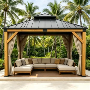 Wind & UV Resistant Cedar Hardtop Gazebo with Double Metal Roof Privacy Curtains Balcony Use Eco-Friendly