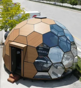 Wooden Grain Panel Transparent Glass Geodesic Dome Tent, Waterproof, Hotel Glamping