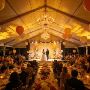 large span white frame party tent concert music festival lounge